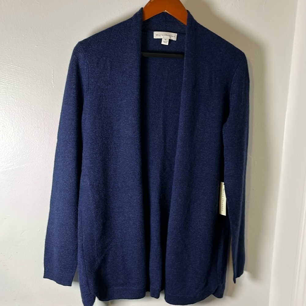NWT White + Warren 100% Cashmere Navy Blue Curved Hem Open Cardigan Sz M Preppy